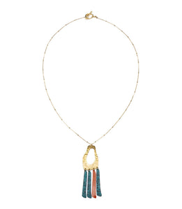 Nihira Necklace - gold pendant w teal red fringe