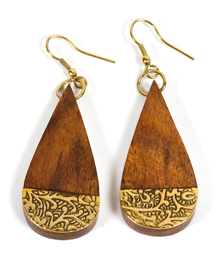 Earth & Fire Teardrop Earrings - wood + etched brass