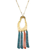 Nihira Necklace - gold pendant w teal red fringe