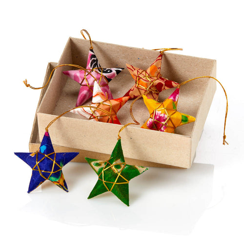 Recycled Sari Star ornaments (set of 6) with box - Ecotienda La Chiwi