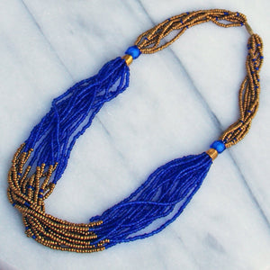 Multistrand Maasai Necklace - Blue and Gold