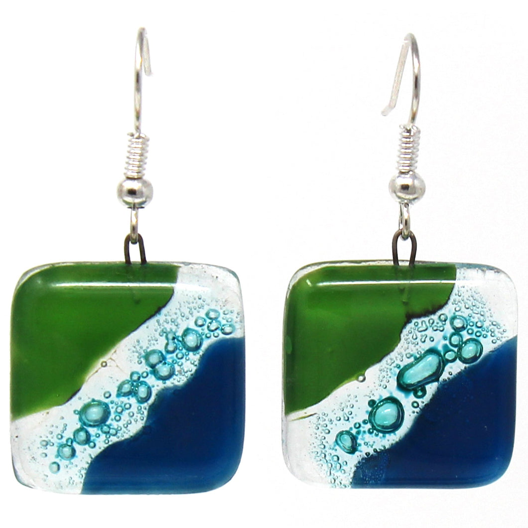 Square Glass Dangle Earrings - Blue Green